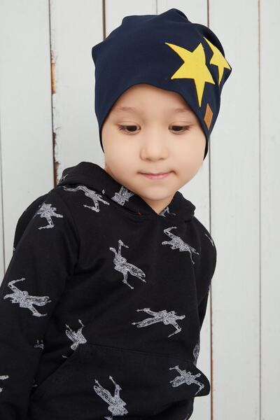 Babygiz Sarı Lacivert Fanatik Şapka Bere Yumuşak Çift Katlı Spor %100 Doğal Pamuklu Penye