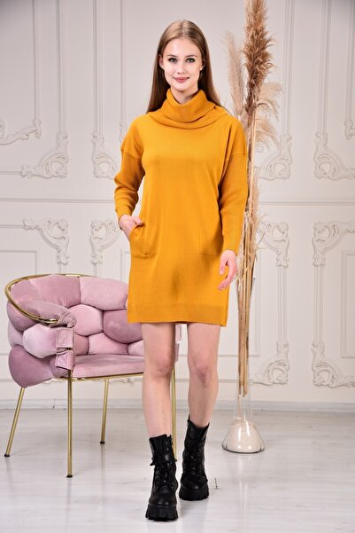 MA ananas Kadın Hardal Degaje Yaka Triko Elbise