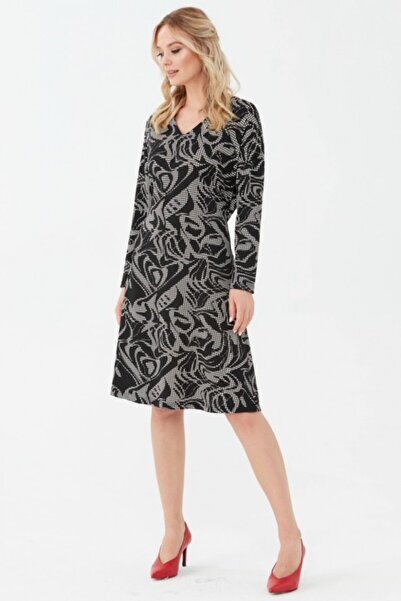 Selen Giyim V Yaka Düşük Kol Emprime Elbise