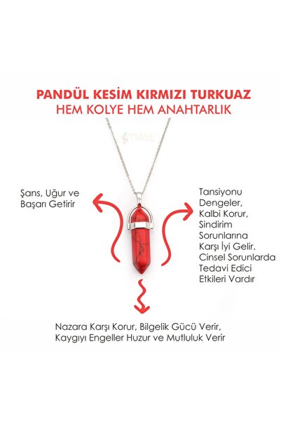 Mystic Energy Doğal Taş Kırmızı Turkuaz Pandül Kesim Kolye& & Anahtarlık | He...