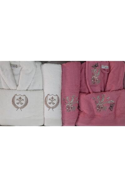 Kristal Yeni Sezon Softline Bornoz Seti - Ekru / Gül
