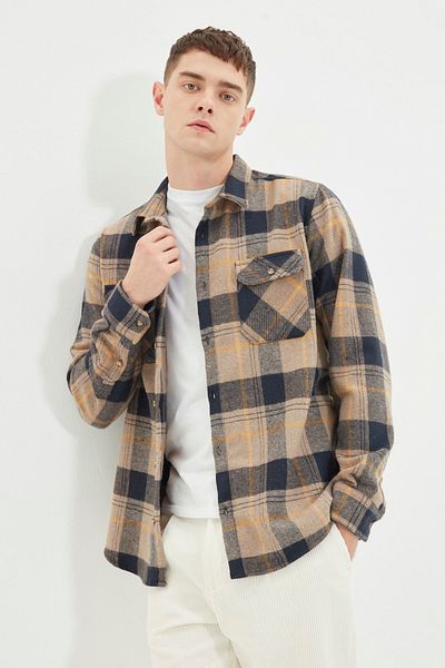 Trendyol Collection Long Sleeve Plaid Shirt - Camel Regular Fit, Double Pocket Cover TMNAW22GO0423