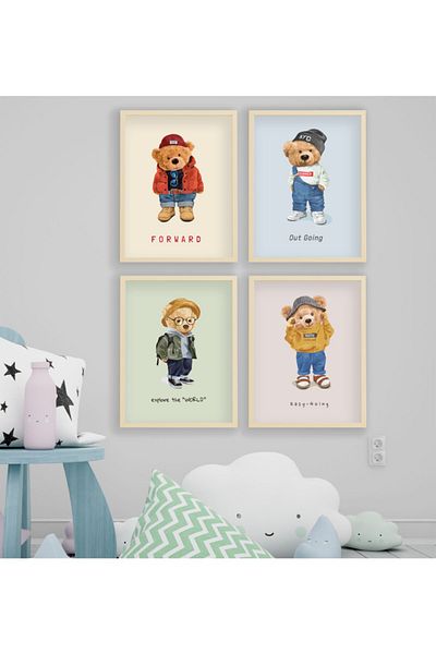 Ya&mu Painting Sets 4 Pieces 33 X 45cm Large Size Wooden Framed Baby, Children's Room Painting