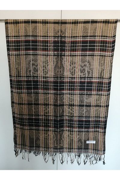 Butik Tülin Unisex Authentic Acrylic Beige Multicolor Striped Tassel Shawl