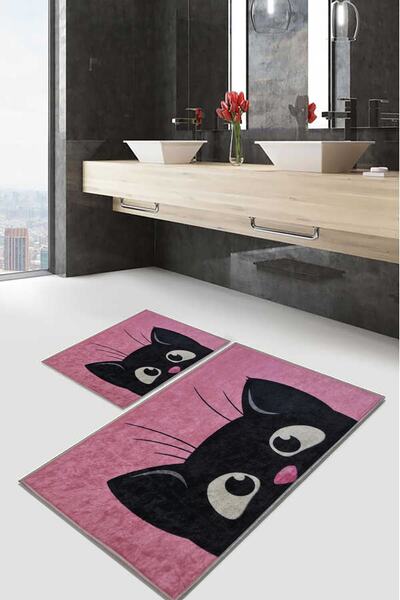 Decomia Home Bază anti-alunecare imprimată digital Black Cat Des.roz Covoraș de baie dublu D8008