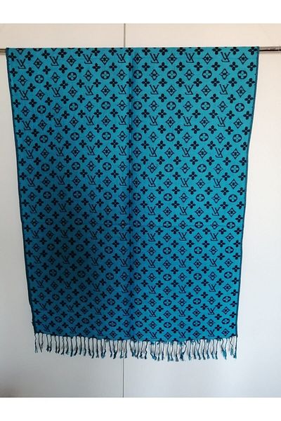Butik Tülin Unisex Authentic Viscous Turquoise Black Patterned Tasseled Double Sided Shawl