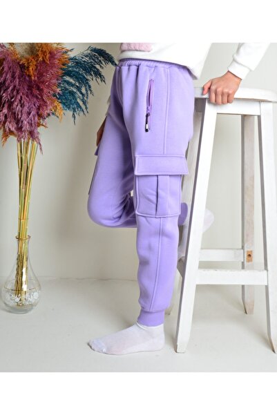 KİDSPİTİRCİK Unisex Παιδική φόρμα λιλά Cargo με τσέπες 3 ip Thick Fleece