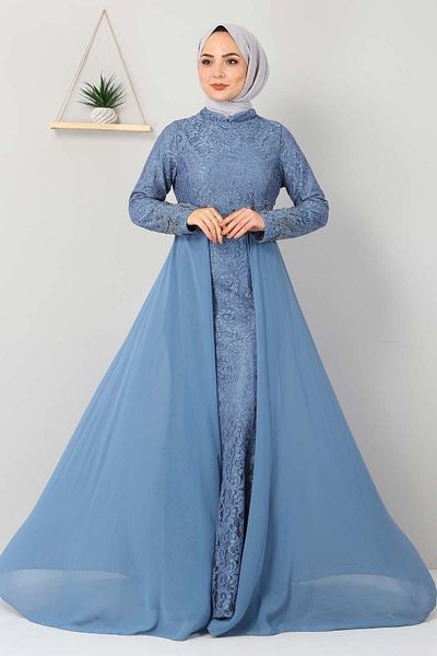 Modamihram Stone Detailed Fishnet Evening Dress Baby Blue