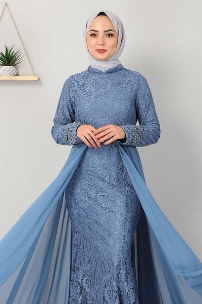 Modamihram Stone Detailed Fishnet Evening Dress Baby Blue