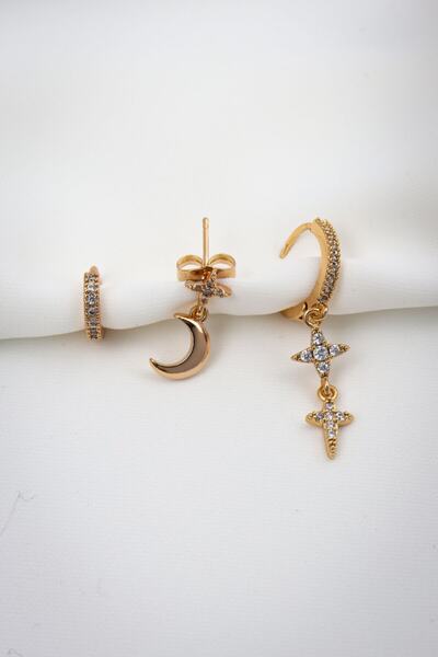 Süspüs Accessories أقراط ذهبية متدلية على شكل نجمة قطبية مكونة من 3 قطع