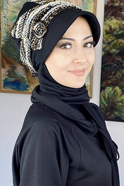 Genel Markalar Haroşa Örgü Detaylı Çok Renkli Tokalı Atkılı Siyah Şapka Şal