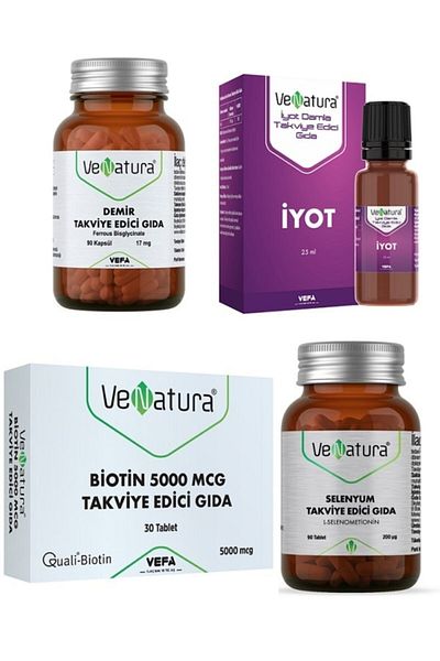 VeNatura Biotin 5000 Mcg + Selenium 90 Tablets + Iron 90 Capsules + Ion 25 ml - Nutrients Supplement