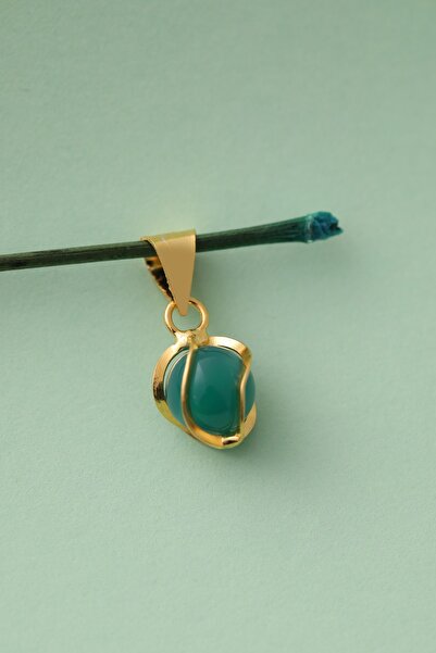 MİLET KUYUMCULUK 14 Ayar Altın Yeşil Akik Kafesli El Işi Kolye Ucu