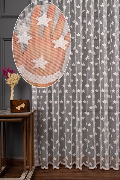 UTKUM EV TEKSTİL ÜRÜNLERİ Yıldız Desen Örme Tül Perde 1/3 Sık Pile