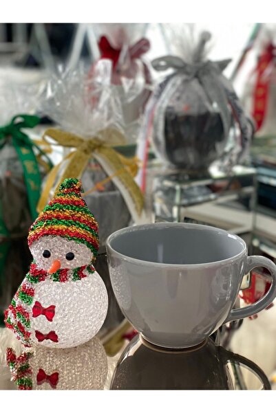 QUEEN AKSESUAR Yeni Yıl Hediye Seti Işıklı Kardan Adam Dekorasyon Süs Büyük Porselen Kupa Fincan Kase Gri