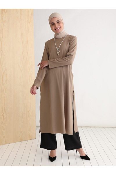 Tavin Pendant Detailed Long Slit Tunic Pants Double Set - mink -