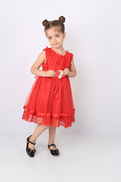 ÖFİ Kids Kız Yapraklı Dantelli Güpürlü Kabarık Tüllü Kırmızı Abiye