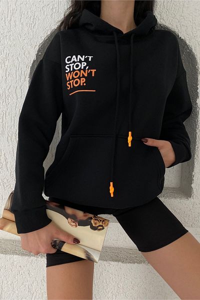 FEMELLE Hanorac oversize din bumbac, negru, pentru femei, Can't Stop Won't Stop