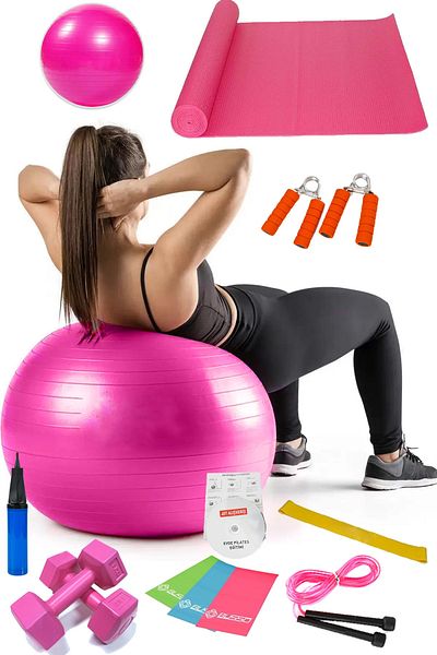 Jet 13-Piece Pilates Set Ball, 3-Piece Pilates Band Elastic Dumbbell Mat Jump Rope Hand Spring Pink