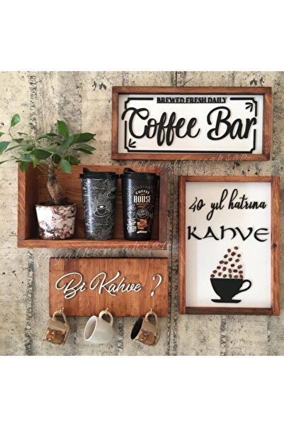 HAYALHANE AHŞAP Kahve Köşesi Mutfak Tablo Seti Coffee Bar Bi Kahve Mutfak Raf...
