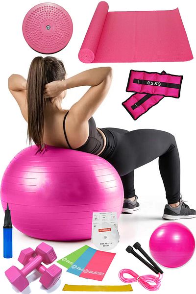 Jet 14-Piece Pilates Set Ball, 3-Piece Pilates Band Dumbbell Mat Jump Rope Twister Aerobic Weight Pink