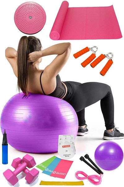 Jet 14-Piece Pilates Set Ball, 3-Piece Pilates Band Dumbbell Mat Jump Rope Twister Aerobic Hand Spring Purple