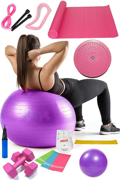 Jet 14-Piece Pilates Set Ball, 3-Piece Pilates Band Dumbbell Mat Jump Rope Twister Yoga Ring Purple