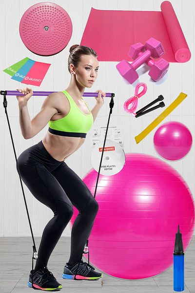Jet 14-Piece Pilates Set Ball, 3-Piece Pilates Band Dumbbell Mat Rope Twister Pilates Studio Bar Pink