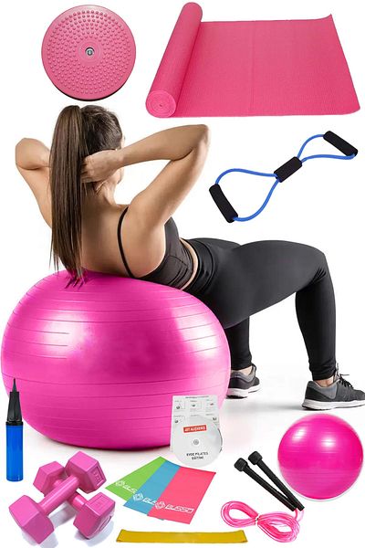 Jet 14-Piece Pilates Set Ball, 3-Piece Pilates Band Dumbbell Mat Jump Rope Twister Resistance Band Pink