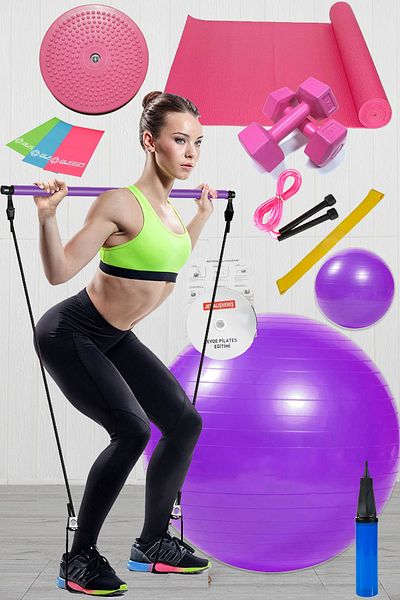 Jet 14-Piece Pilates Set Ball, 3-Piece Pilates Band Dumbbell Mat Rope Twister Pilates Studio Bar Purple