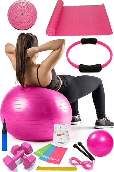 Jet 14-Piece Pilates Set Ball, 3-Piece Pilates Band Dumbbell Mat Rope Twister Pilates Circle Pink