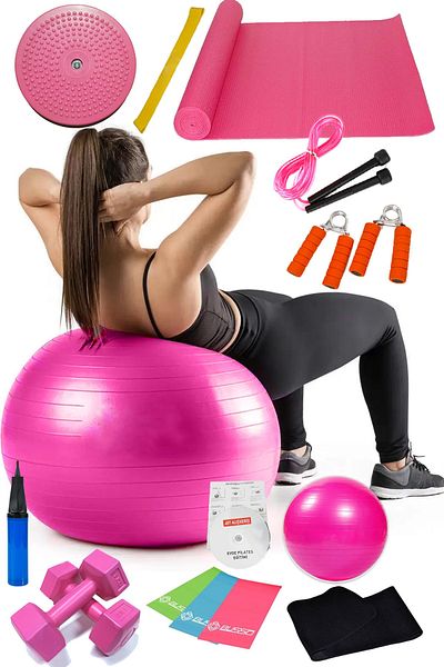 Jet 15 Piece Pilates Set Ball Pilates Band Dumbbell Mat Jump Rope Twister Aerobic Belt Hand Spring Pink