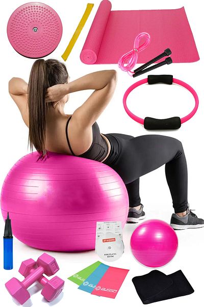 Jet 15 Piece Pilates Set Ball Pilates Band Dumbbell Mat Jump Rope Twister Aerobic Belt Circle Pink