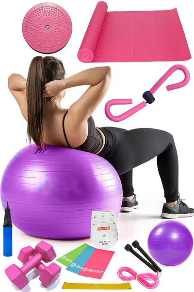 Jet 14-Piece Pilates Set Ball, 3-Piece Pilates Band Dumbbell Mat Jump Rope Twister Aerobic Butterfly Purple