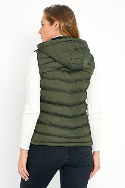DYNAMO Γυναικείο Χακί Πουφερ Γιλέκο με Φλις Εσωτερική Κουκούλα