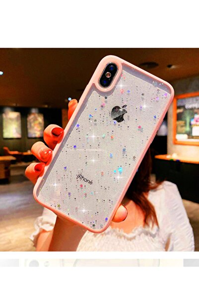 Molly Iphone Xs Max Uyumlu Kenarları Pembe Renkli Simli Şeffaf Silikon Pc Kılıf