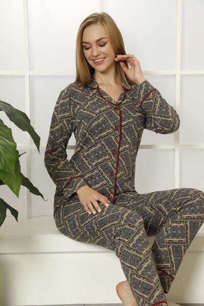 MİSS PERRY Triko Desenli Pamuklu Likralı Kadın Uzun Kollu Pijama Takımı