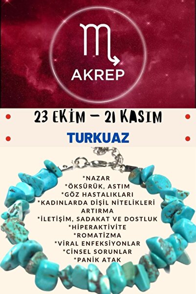 Gümüştel Sertifikalı Burç Taşı Akrep Burcu Turkuaz Taşı Bileklik