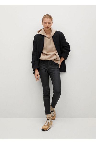 MANGO Woman Women's Black Leather Look Short Leg Isa Jean Trousers