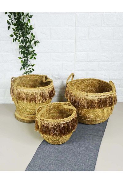 SepetçiBaba Wicker Saddle with Tassel - Native Set of 3