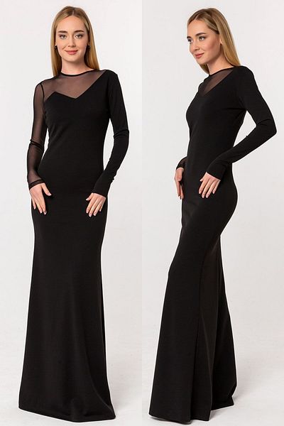 Laranor Black Lip Collar Single Sleeve Tulle Detail Evening Dress Fish Dress