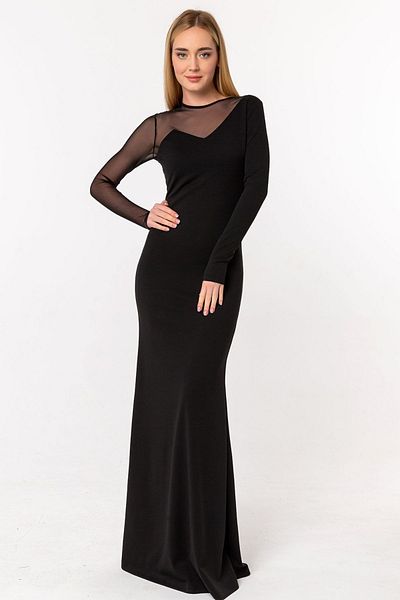 Laranor Black Lip Collar Single Sleeve Tulle Detail Evening Dress Fish Dress