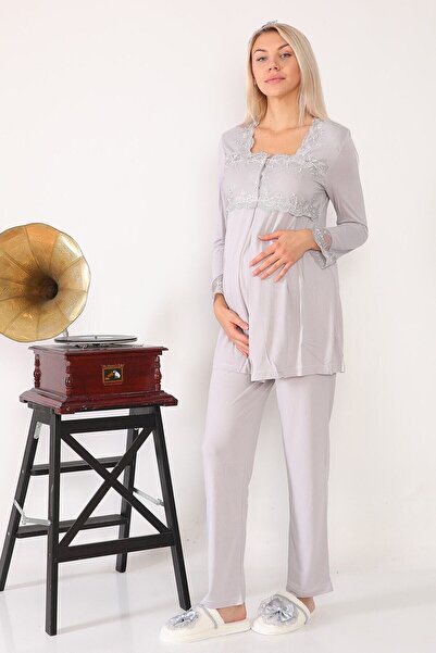 lohusahamile Піжама для породіль сірого кольору з мереживними деталями 2403