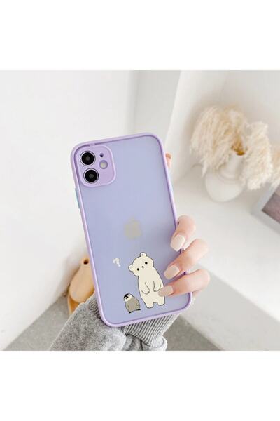 mooodcase Penguen Ve Ayıcık Desenli Iphone 11 Lila Korumalı Telefon Kılıfı