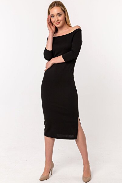 Laranor Μαύρο φόρεμα Madonna με λαιμόκοψη με λεπτομέρεια Scuba Crepe