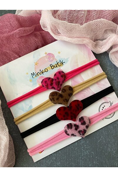 Miniko Butik 4 Lü Tüylü Leopar Desen Kalpli Saç Bandı