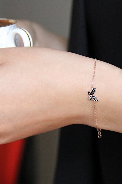 Argentum Concept 925 Ayar Gümüş Siyah Taşlı Rose Kelebek Bileklik - B054201