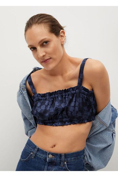 MANGO Woman Top scurt pentru femei cu imprimeu albastru