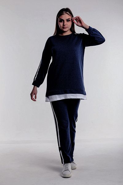 CNG MODA Large Size Navy Blue Piping Embroidered Tracksuit Set