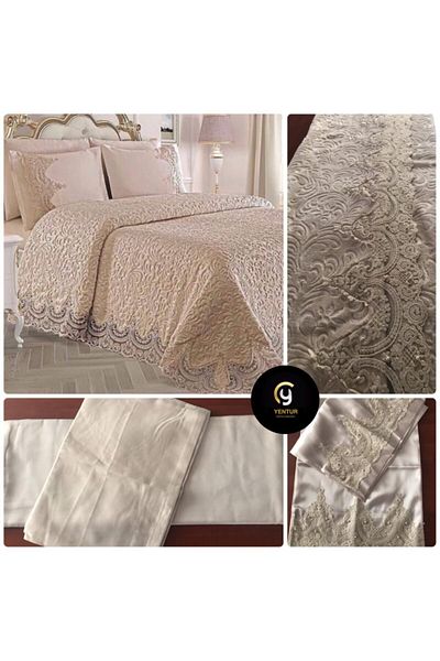 Yenturhome Cappuccino Double 6 Piece French Laced Dowry Blanket Set